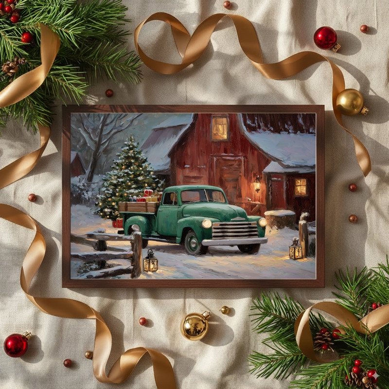 Christmas farmhouse green truck canvas wall art, rustic holiday entryway decor with vintage pickup and evergreen tree