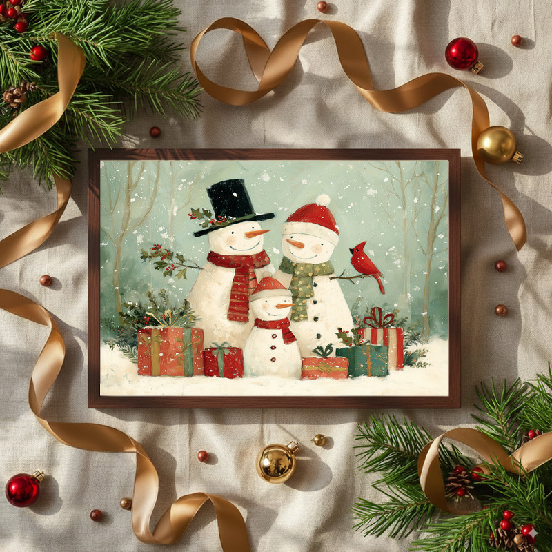 Christmas snowman family in forest canvas wall art, panoramic scene of snowy evergreens for festive hallway decor