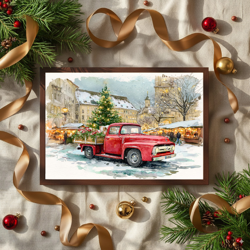 Cozy farmhouse porch canvas wall art with red farm truck and lantern, seasonal holiday entryway decoration, rustic