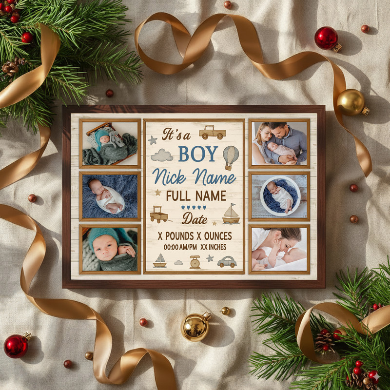 Baby boy photo collage canvas, portrait layout, rustic neutral palette, custom photos and birth stats for nursery