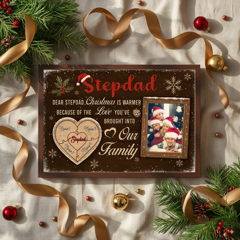 Christmas puzzle photo canvas featuring weathered wood background, personalized with kids' names and photo for stepdad