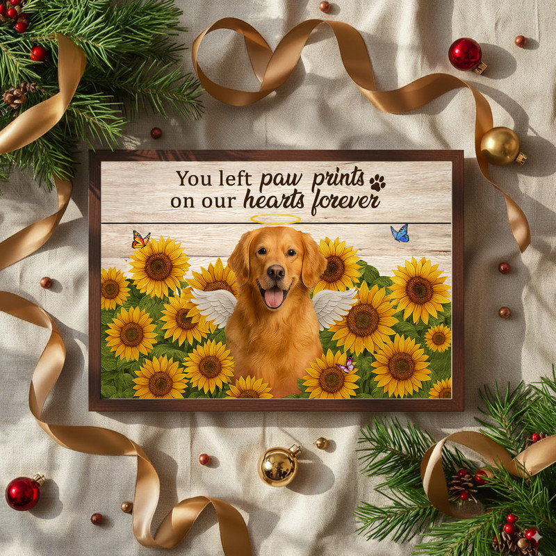 Dog memorial canvas wall art, landscape orientation with burlap texture and sunflowers, personalized photo and memorial text for entryway