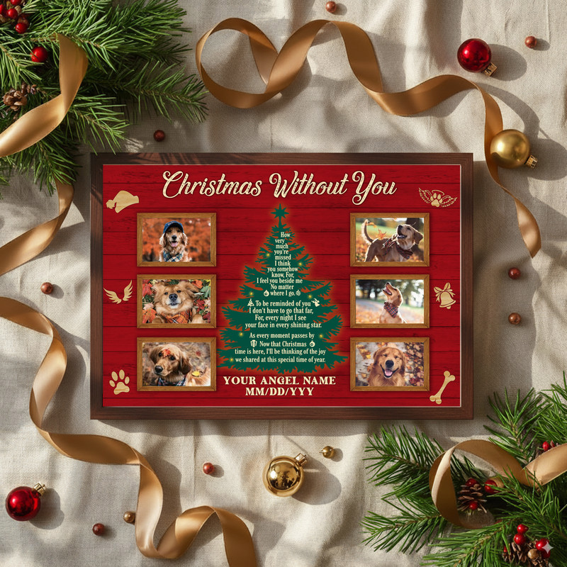 Farmhouse dog memorial canvas, Christmas Without You, personalized with pet name and dates, holiday gift for dog owners