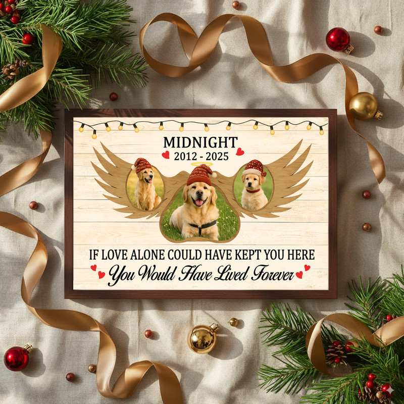 Farmhouse Christmas pet memorial canvas wall art, personalized with name and angel date, remembrance gift for pet owners
