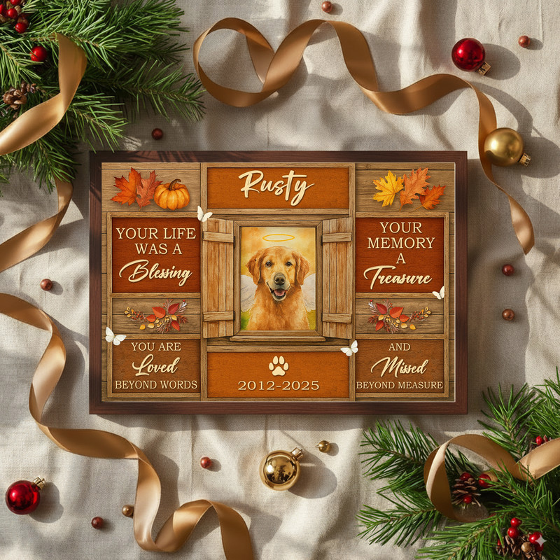 Farmhouse fall dog memorial canvas wall art with shiplap wood background, script text, personalized pet name and dates