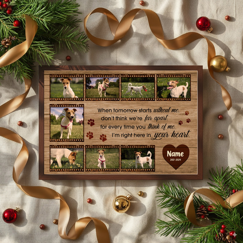 Farmhouse pet memorial canvas wall art, custom dog photo collage in film strip frame, gallery-wrapped portrait for entryway