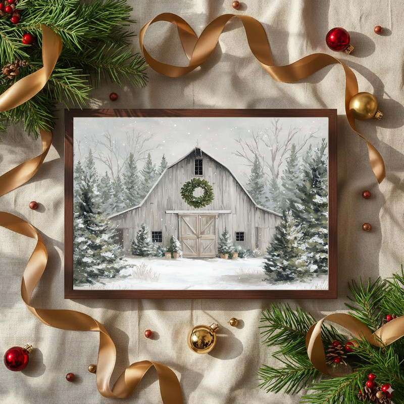 Farmhouse winter charm canvas wall art, vintage-inspired rustic barn in snowfall, adds welcoming country style to entryway