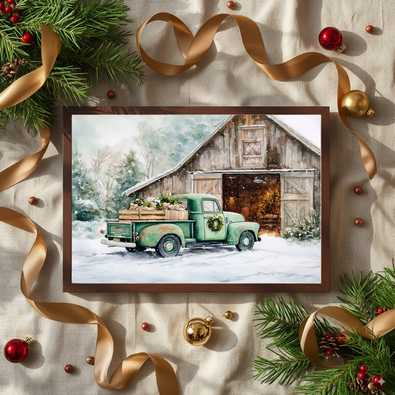 Festive green truck by rustic barn with Christmas pine canvas wall art, vintage farmhouse look, neutral palette for entryway Festive green truck by rustic barn with Christmas pine canvas wall art, vintage farmhouse look, neutral palette for entryway