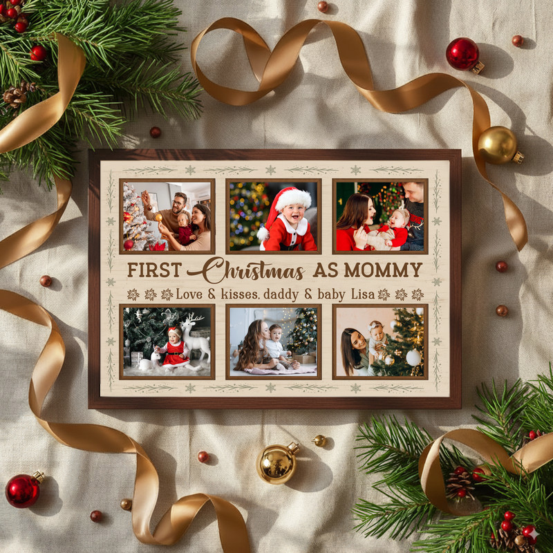 First Christmas as Mommy canvas art, rustic faux wood background with plaid border, personalized photos, names and year