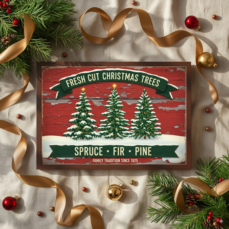 Fresh Cut Christmas Trees rustic farmhouse canvas wall art for hallway decor, weathered texture and classic holiday tree emblem