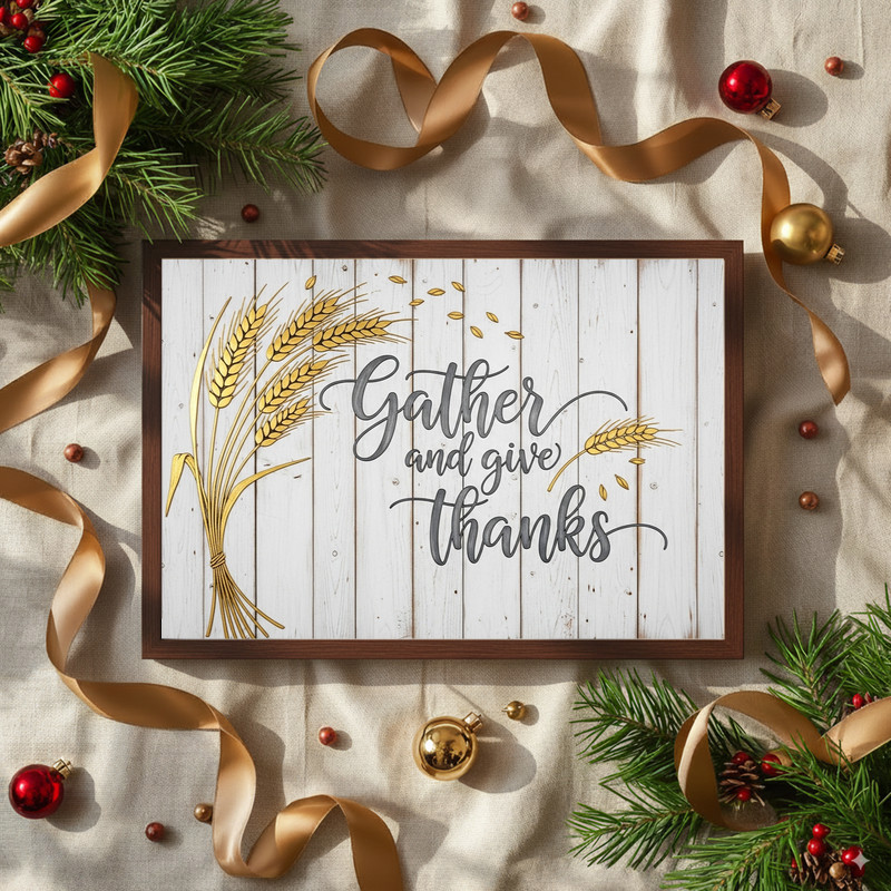 Thanksgiving gratitude canvas wall art, weathered grey wood look, cursive 'Gather and Give Thanks' for mantel or living room
