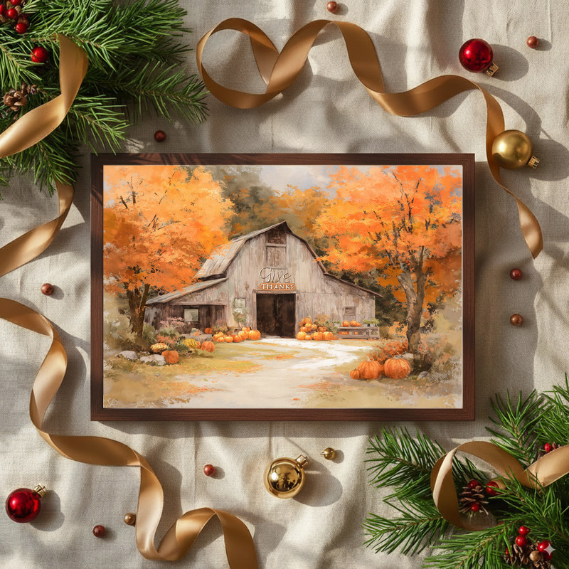 Thanksgiving barn scene canvas wall art, sunset sky over farmhouse and pumpkins, panoramic landscape for entry console