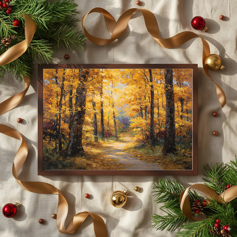 Golden autumn forest path canvas wall art with sunlit trees and amber foliage, rustic fall landscape ideal for hallway walls