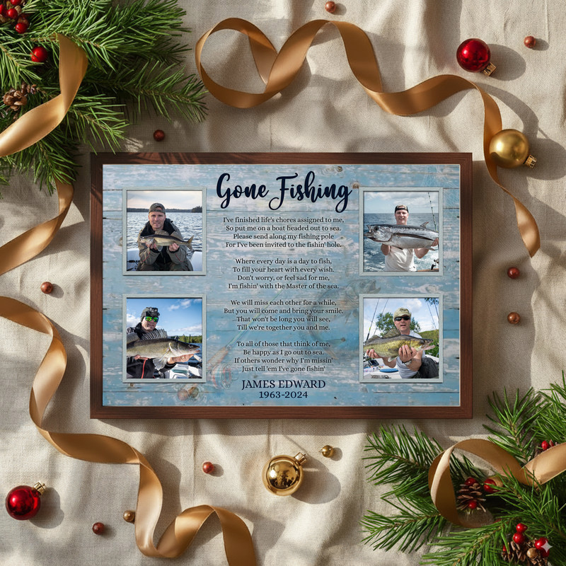 Gone Fishing memorial collage canvas wall art for cabin or lake house decor, personalized with photos, name and dates