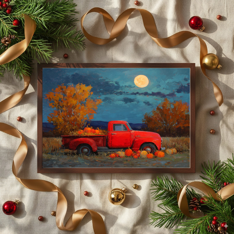 Harvest Moon red truck evening oil painting canvas wall art, glowing full moon over classic red pickup, for foyer entry decor