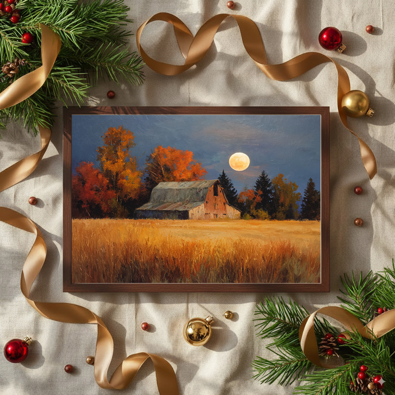 Thanksgiving farmhouse canvas art, harvest barn scene in warm neutrals and earthy reds, styled for a cozy entryway wall