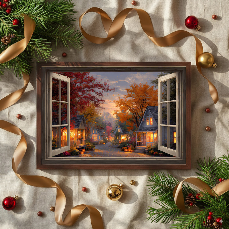 Thanksgiving village scene canvas wall art in farmhouse style, harvest view framed by window panes, autumn decor for hallway