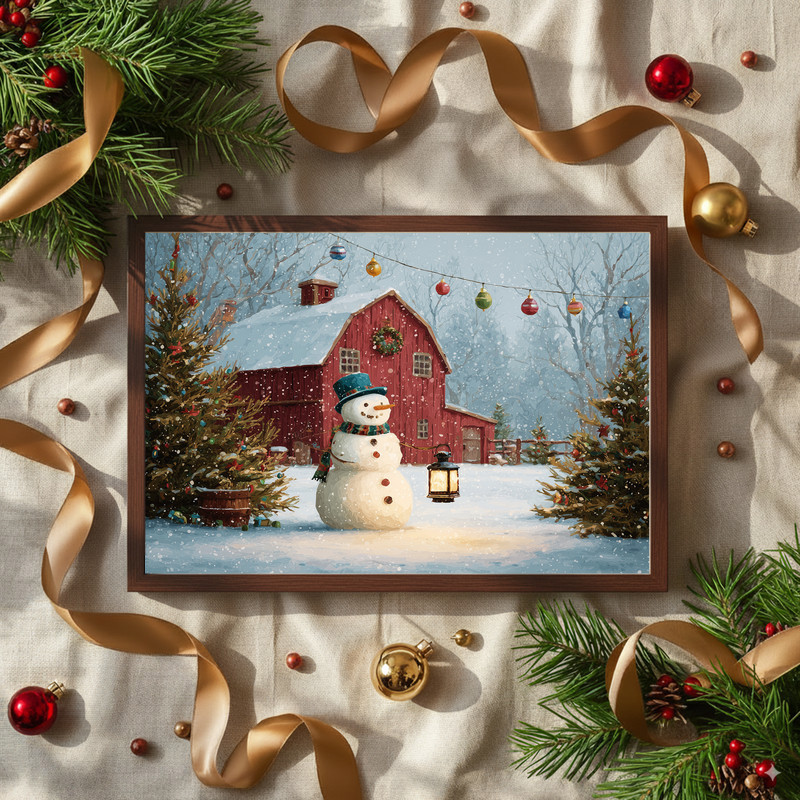 Holiday cheer in snowy barnyard Christmas tree scene canvas wall art, path to barn and evergreen tree, hallway wall accent