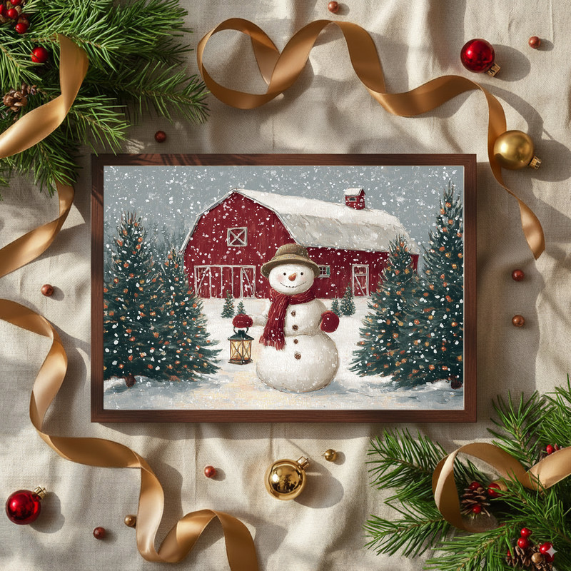 Jolly snowman by lantern canvas wall art, Christmas tree farm path, charming winter scene for hallway decor on canvas.