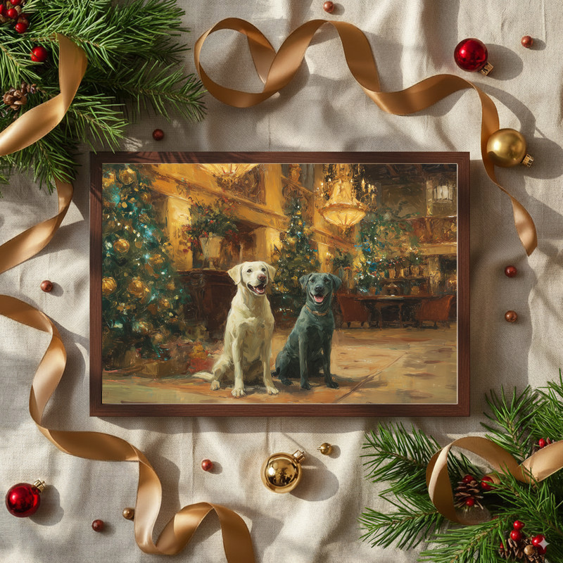Labradors’ Christmas Delight canvas wall art of dogs in grand hall architecture with holiday decor accents for hallway