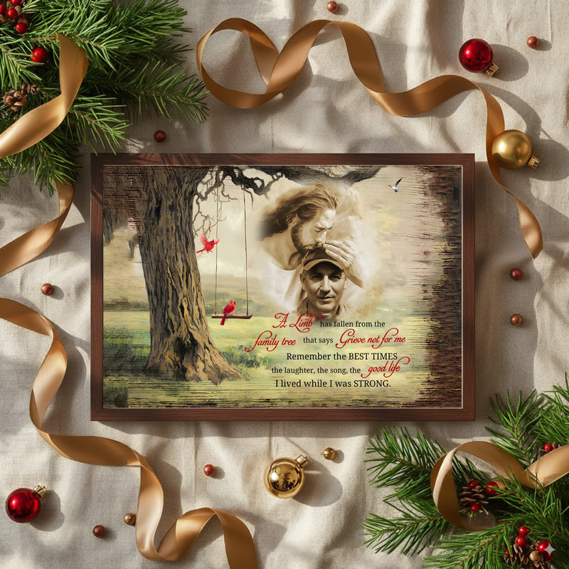 Loss of loved one memorial canvas wall art with A Limb Has Fallen poem, red cardinals motif, condolence gift personalized