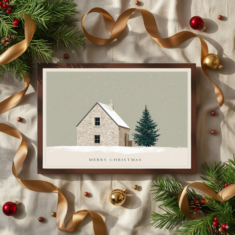 Merry Christmas canvas wall art with rustic cottage, snow-laden pine, warm glow, ideal hallway seasonal wall decor