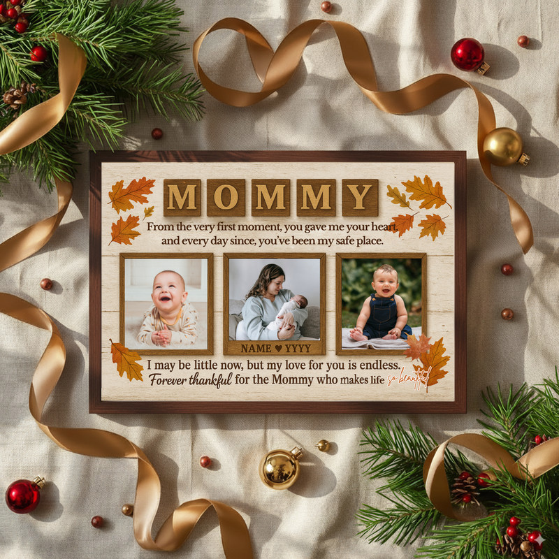 Thanksgiving photo collage canvas, personalized for mom with custom photos and name, cream background, framed wall art