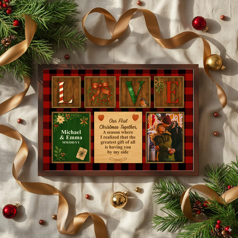Personalized Plaid Canvas - Newlywed First Christmas Keepsake
