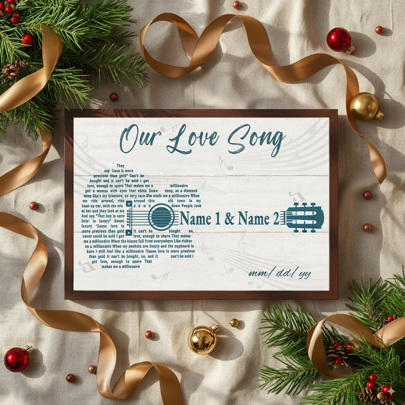 Romantic acoustic guitar canvas wall art featuring musical notes, custom names and date, wedding gift for newlyweds