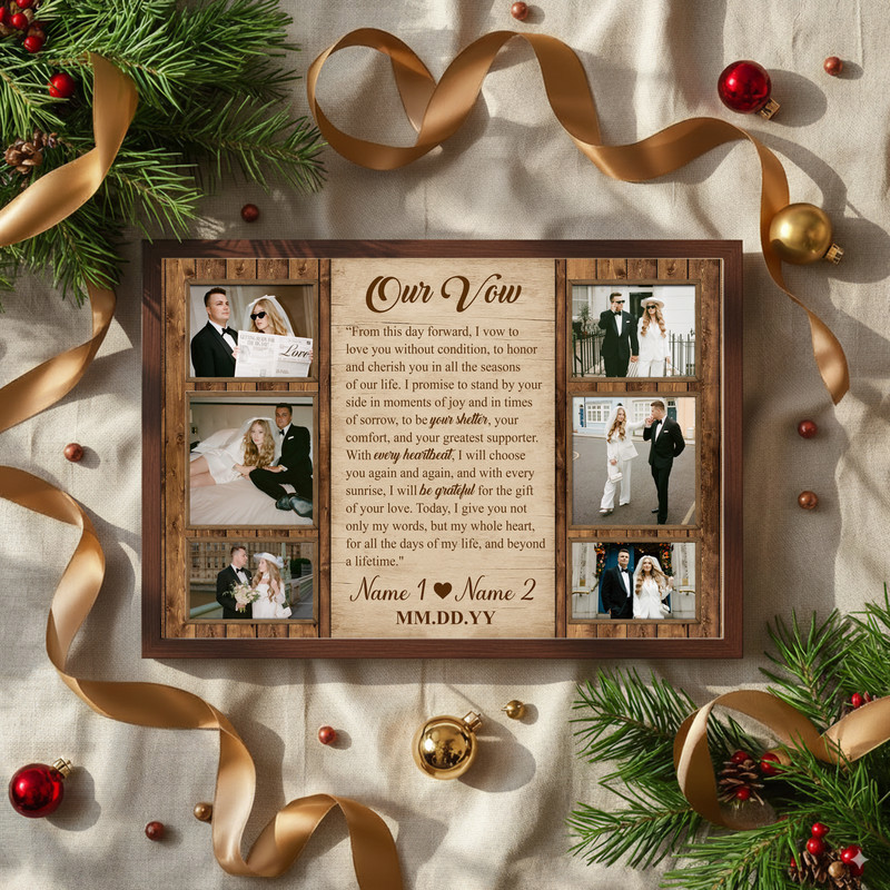 our vow photo collage canvas wall art, personalized names, date, vows text, 5 photos, neutral boho style, bedroom decor our vow photo collage canvas wall art, personalized names, date, vows text, 5 photos, neutral boho style, bedroom decor