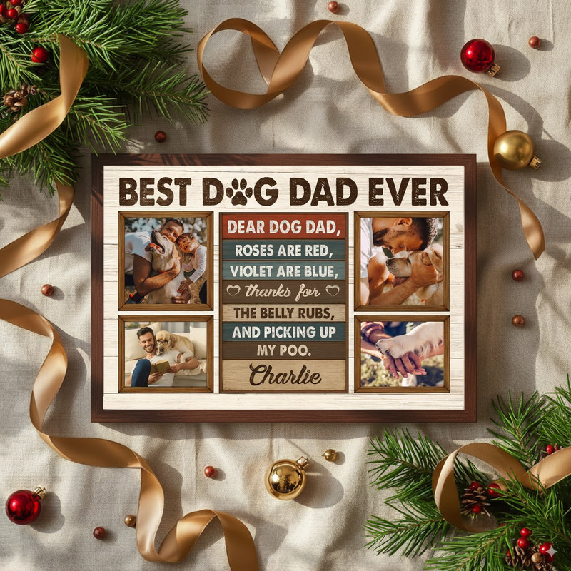 Best Dog Dad Ever canvas, personalized vertical photo grid on light oak texture, farmhouse decor for dad’s office or den Best Dog Dad Ever canvas, personalized vertical photo grid on light oak texture, farmhouse decor for dad’s office or den
