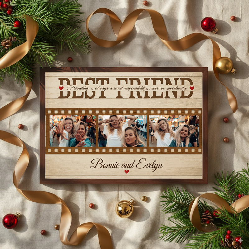 Personalized best friends photo collage canvas, distressed wood, center photo plus smaller frames, custom names and date