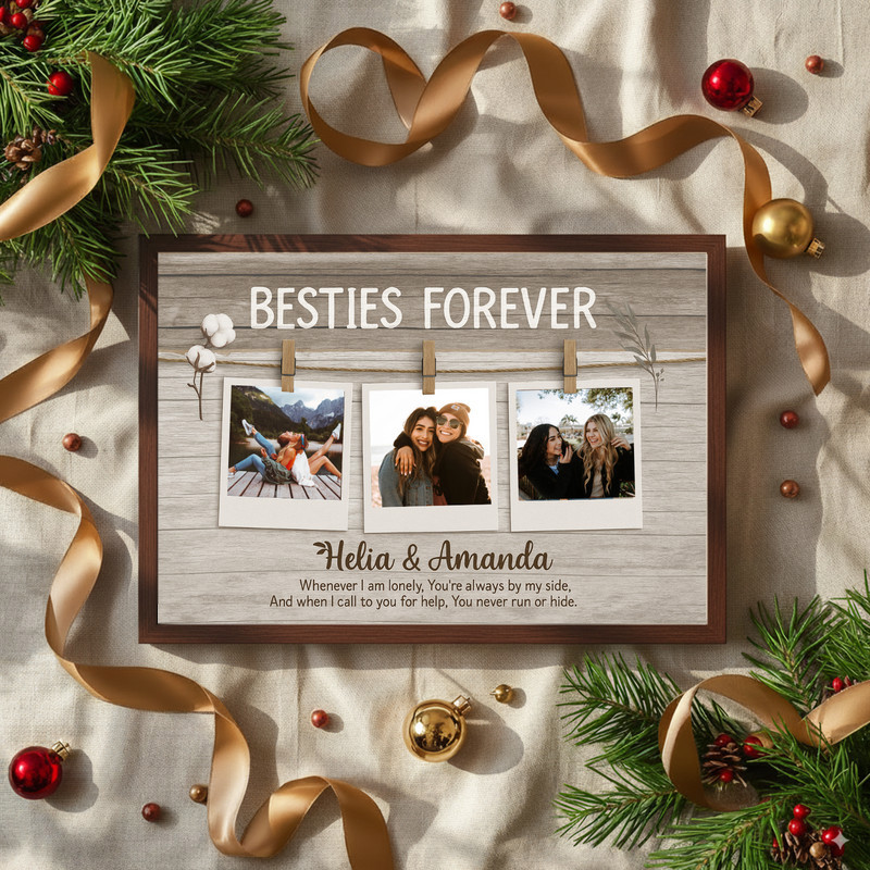 Bestie canvas wall art with rustic sepia Polaroid strip collage, personalized names and date, heart doodles for gallery walls