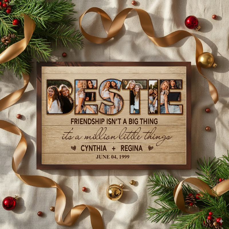 Personalized best friend photo collage canvas wall art in rustic farmhouse design, grid layout, cozy living room decor