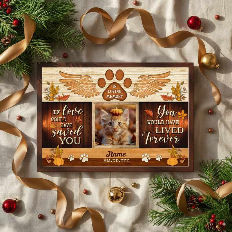 Cat memorial canvas wall art in landscape orientation, barnwood texture, autumn tones, personalized photo, name, dates