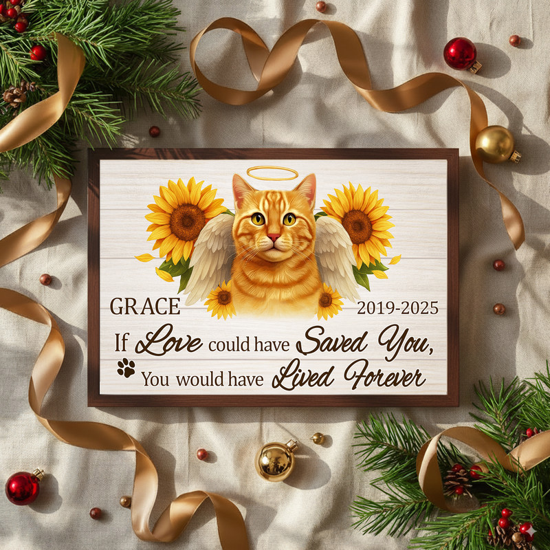 Cat memorial portrait canvas in rustic farmhouse style with sunflowers, personalized cat name, vertical print for entryway