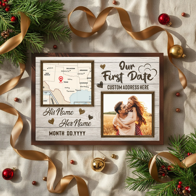 Personalized couple map canvas wall art marking our first day location, custom names and date, rustic farmhouse style | Familywalldecor