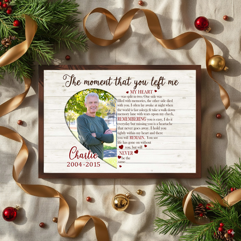 Dad memorial canvas wall art with dove and light rays, personalized with name and dates, gray minimal style, landscape.