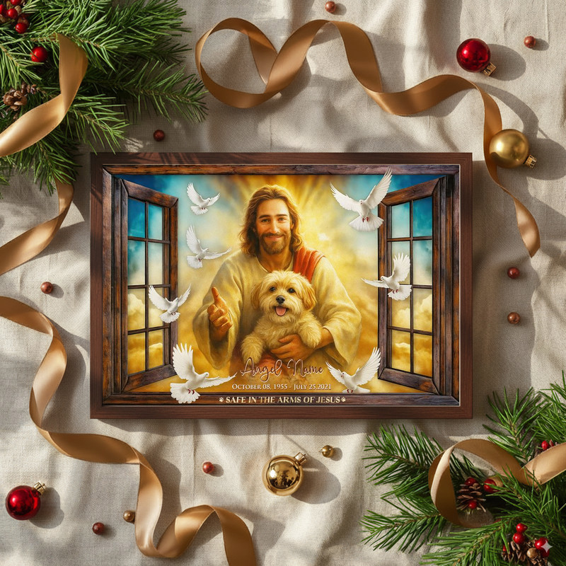 Dog memorial canvas wall art, custom photo in whitewashed window frame with 'Safe in the Arms of Jesus' script, sympathy gift