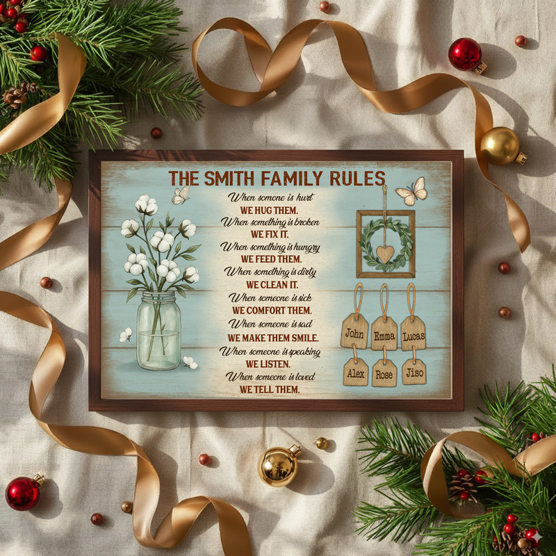 Rustic farmhouse family rules canvas wall art, personalized with names, portrait orientation, warm wood background for kitchen