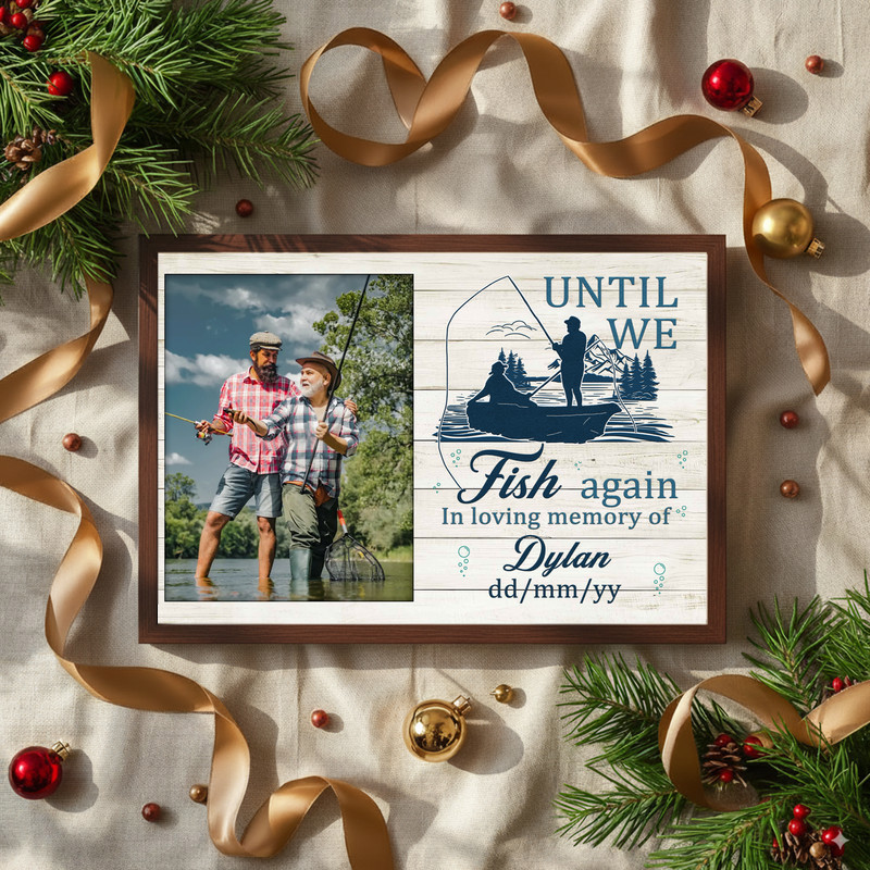 Fishing memorial canvas wall art for sympathy gift, 'Until We Fish Again' Dad memorial, personalized names/dates, blue palette