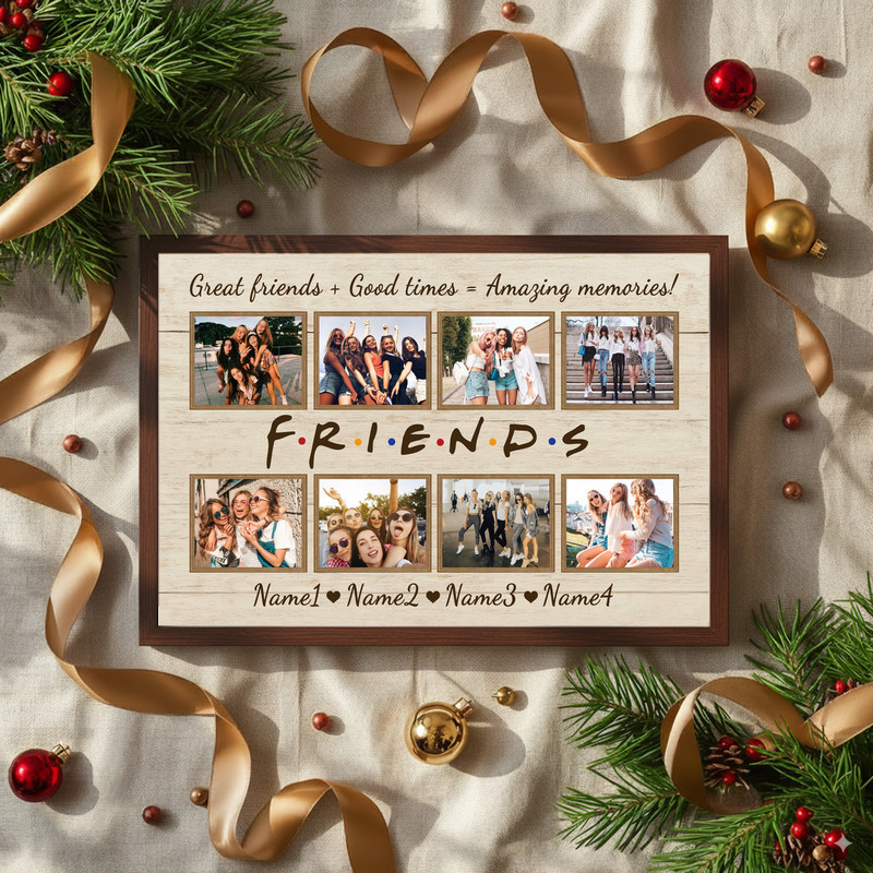 Friendship canvas wall art, personalized photo collage, rustic farmhouse shiplap look, landscape layout, best friend gift