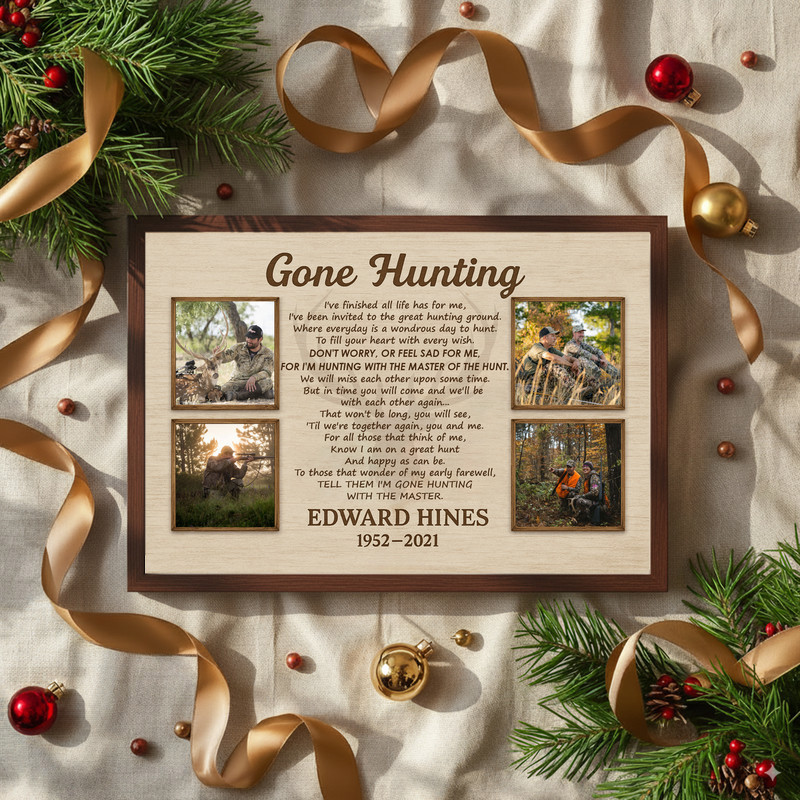 Gone Hunting memorial canvas wall art with deer scene, rustic texture, custom name and dates, sympathy gift keepsake