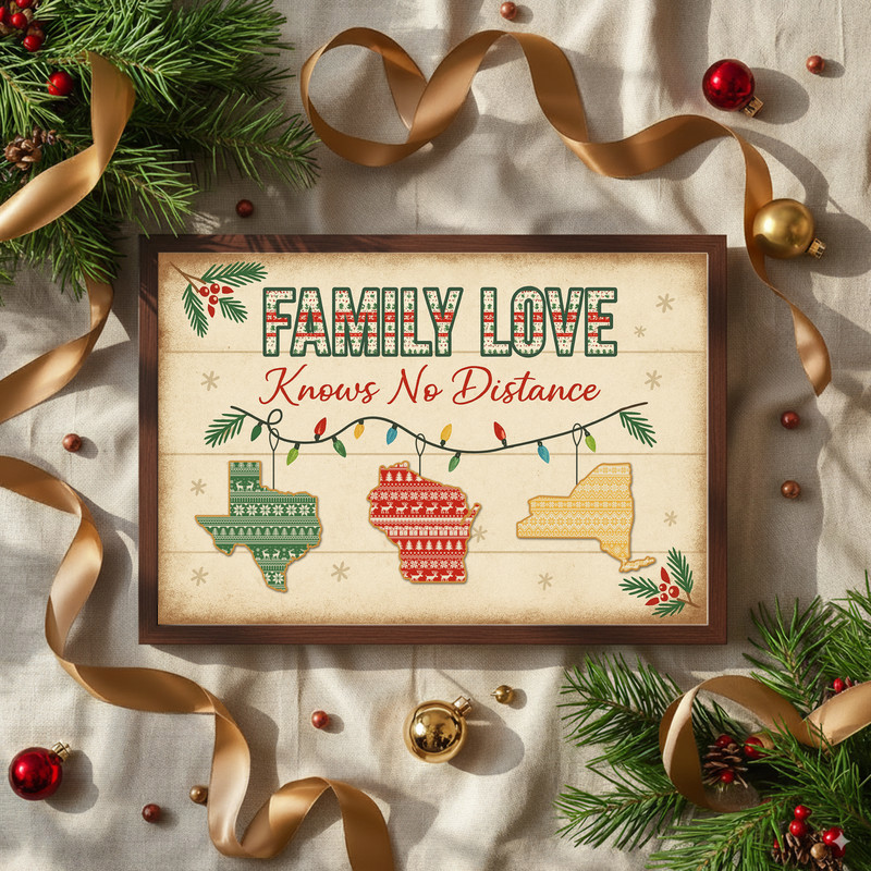 Rustic long distance family Christmas canvas wall art, Family Love Knows No Distance, custom names, locations, for living room