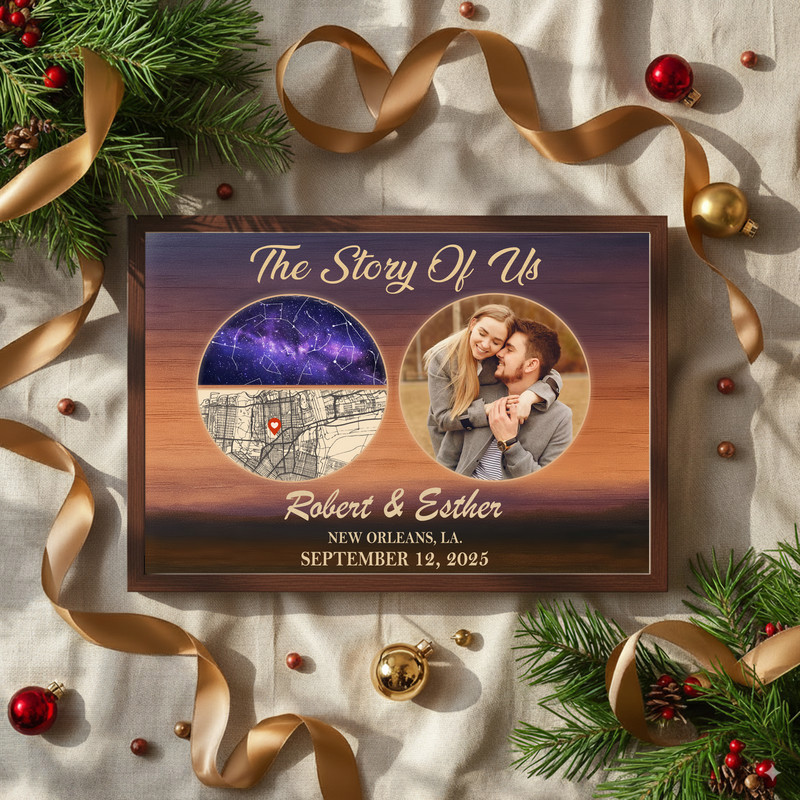 The Story Of Us canvas wall art with custom couple photo, city and date, constellation star map, Valentine’s Day gift