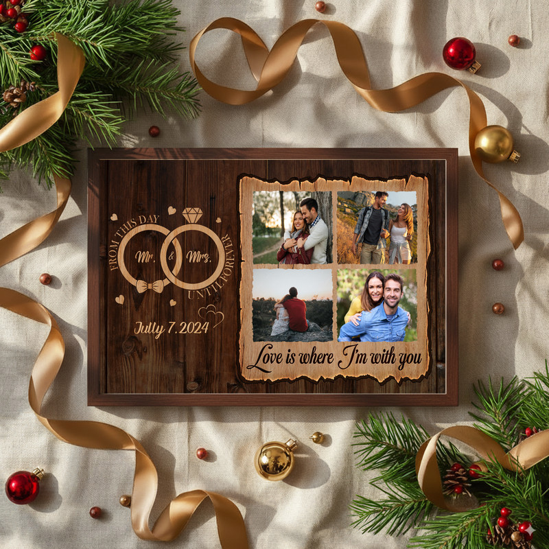 Personalized engagement anniversary couple photo canvas wall art, whitewashed wood look, gallery-wrapped edges, names and date