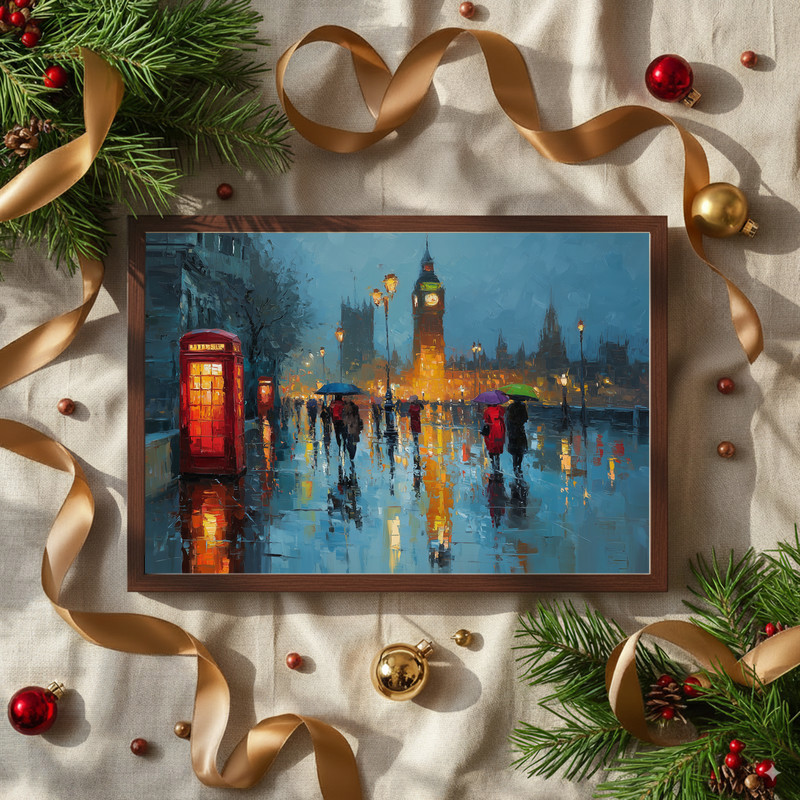 Rainy London stroll canvas wall art, oil painting of rain-soaked stones and reflections under umbrella couple, portrait