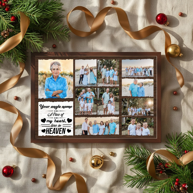 Memorial photo collage canvas wall art, custom names and dates, floral accents, pastel palette, framed for hallway decor