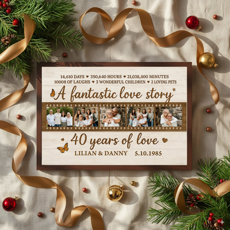 Ruby 40th anniversary photo collage canvas, rustic farmhouse faux wood border, landscape layout, names and photos Ruby 40th anniversary photo collage canvas, rustic farmhouse faux wood border, landscape layout, names and photos