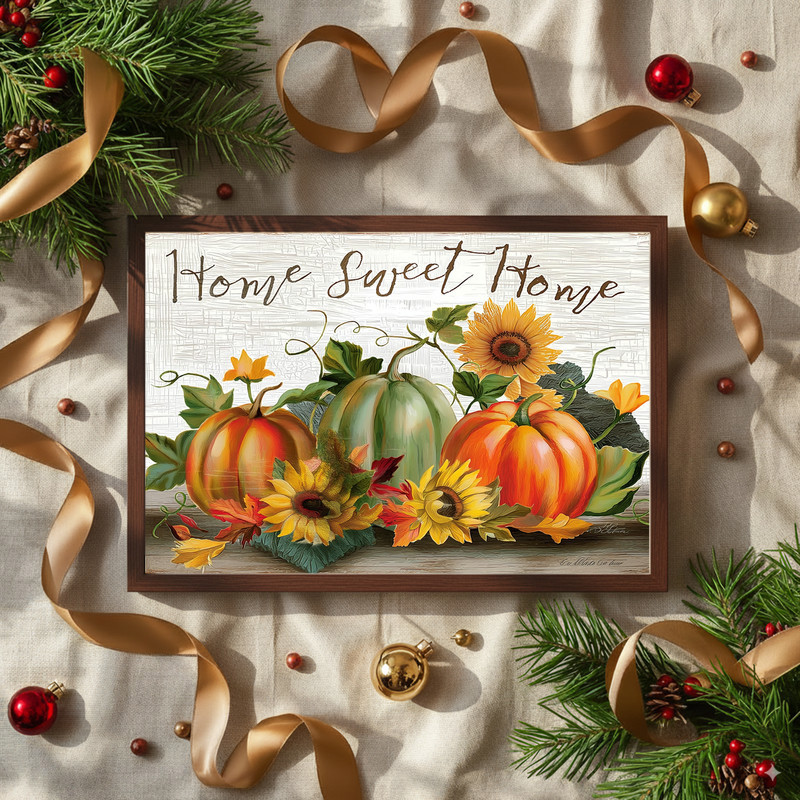 Rustic autumn pumpkins and sunflowers canvas wall art, 'Home Sweet Home' text, farmhouse hallway decor on weathered wood